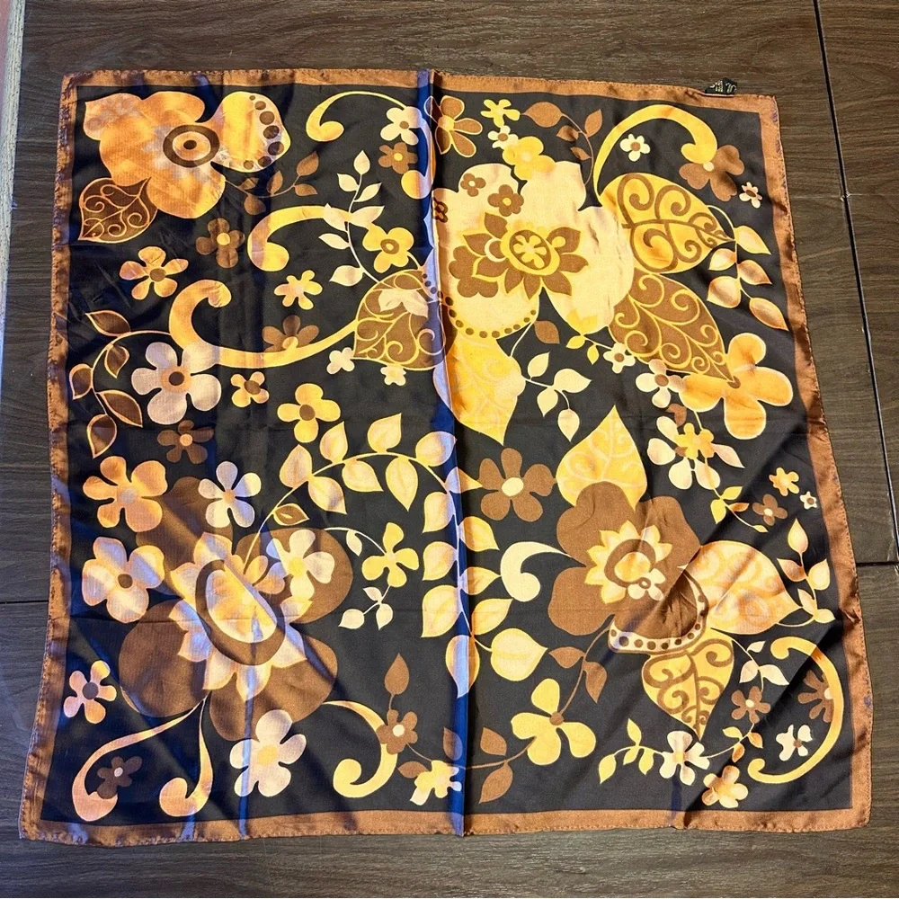 Groovy Floral Square Scarf Brown Copper Tones - OEI